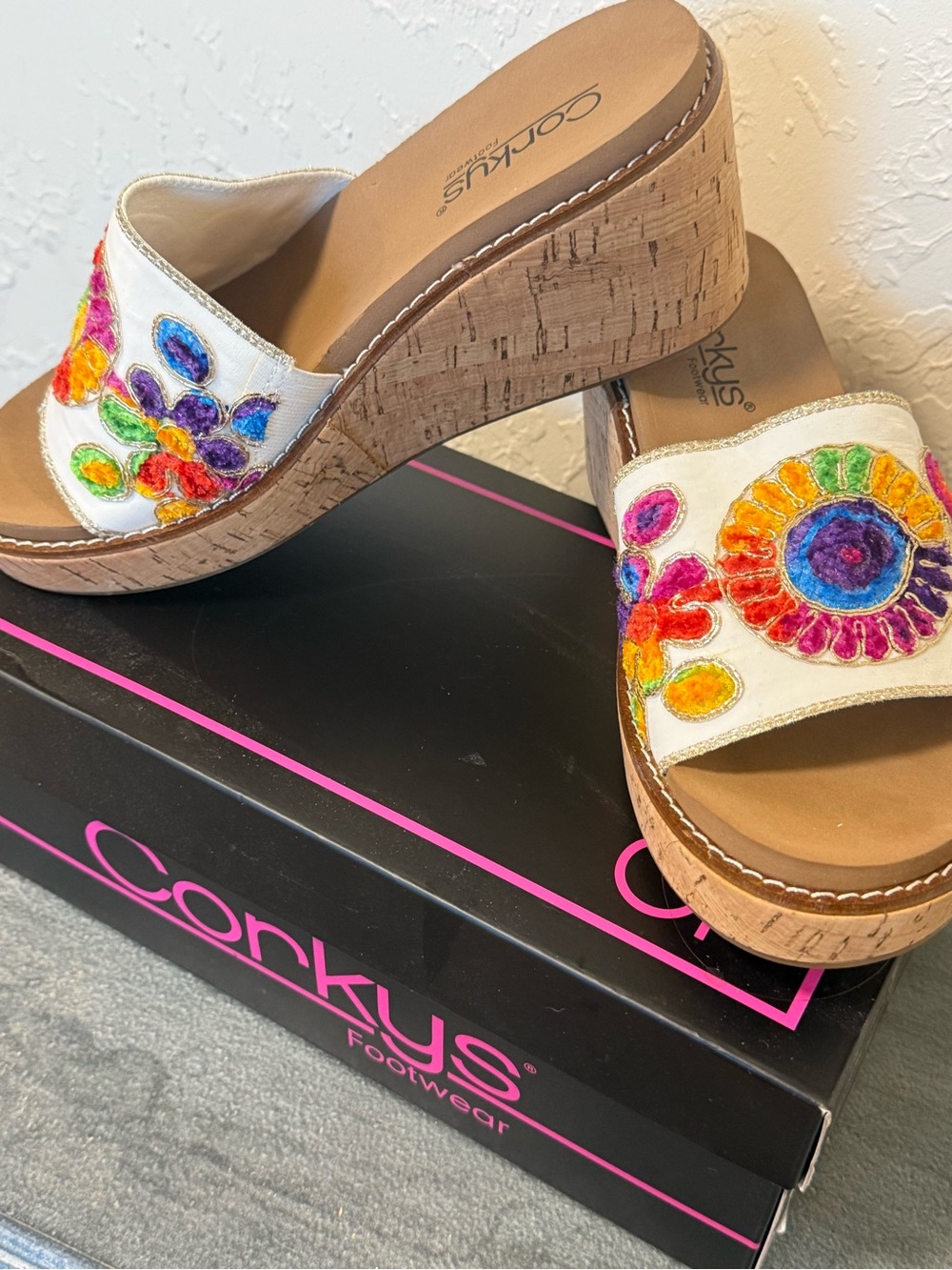 Corky’s wedge Wanderlust brightly adorned sandal